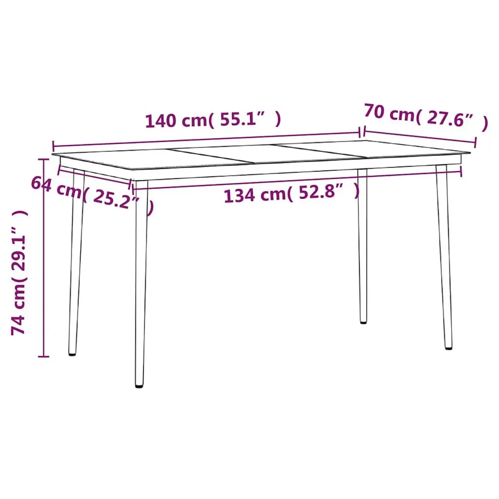 Outdoor Garden Dining Set Powder-coated Steel Glass Table Reclining Chairs Black 7 Piece
