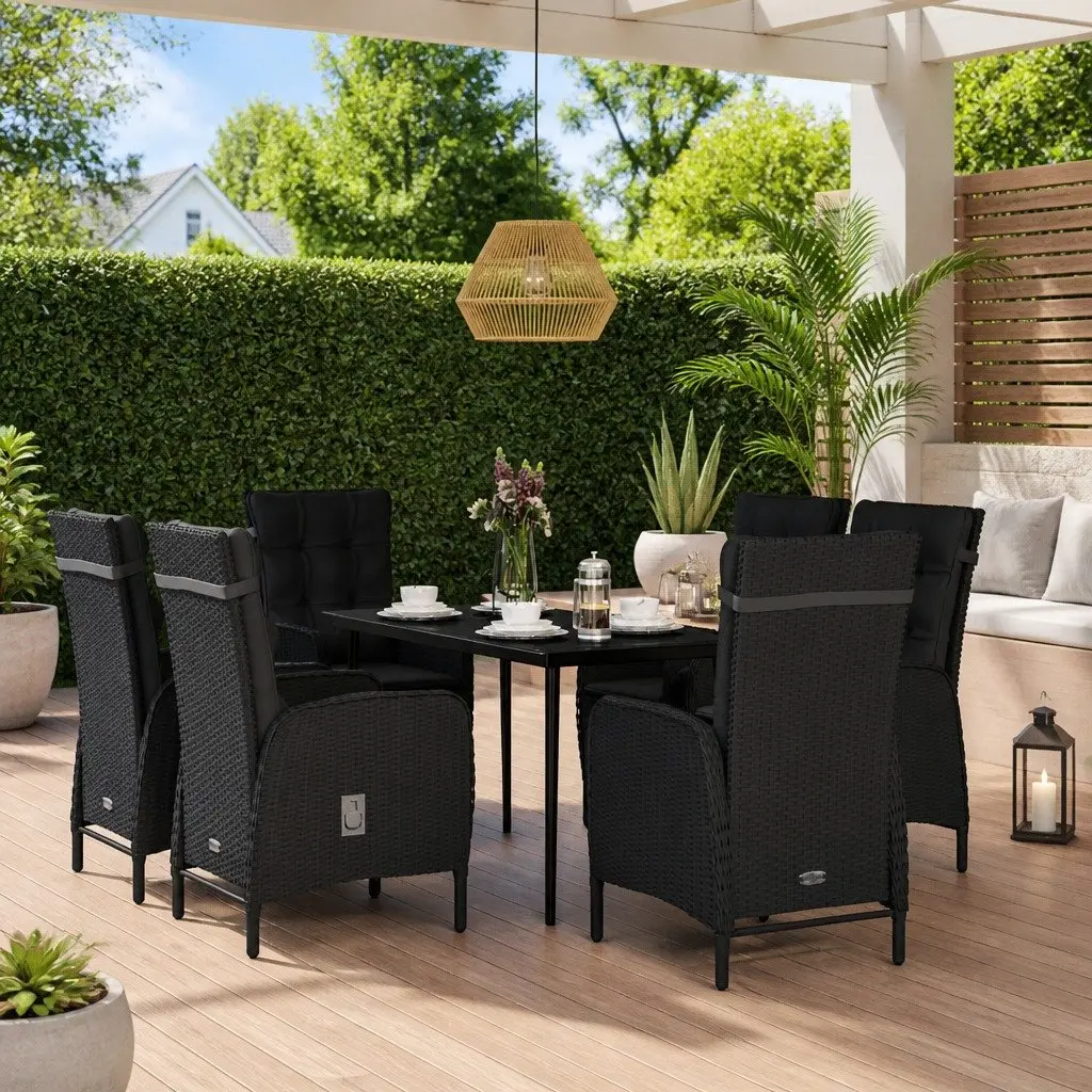 7 Piece Garden Dining Set Powder-coated Steel PE Rattan Black Glass Table
