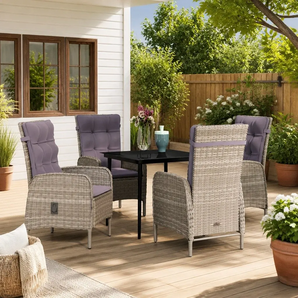Outdoor Dining Set PE Rattan Steel 5 Piece Grey with Cushions Glass Table
