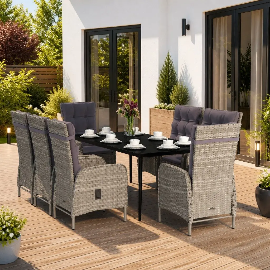 9-Piece Grey and Black Garden Dining Set with Cushions