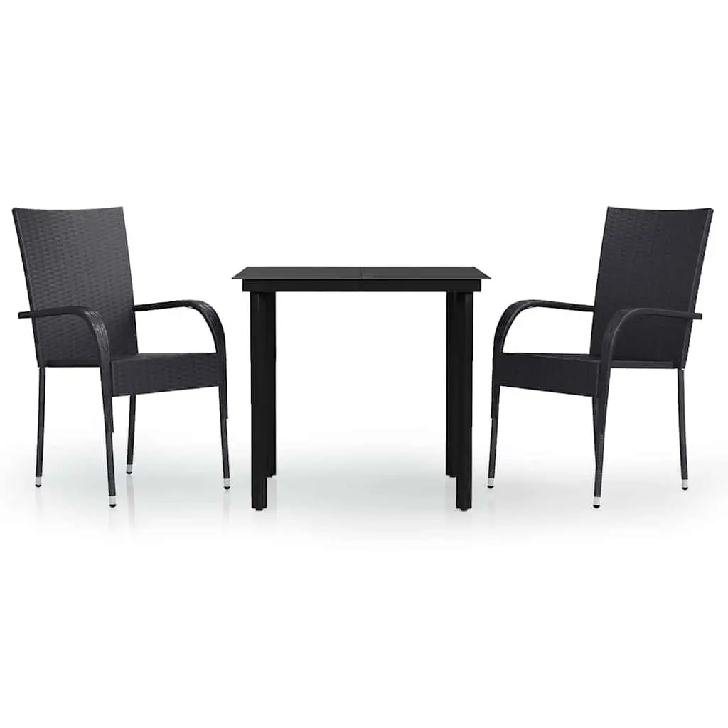 Outdoor Dining Set 3 Piece Black Steel Frame Glass Table Rattan Chairs