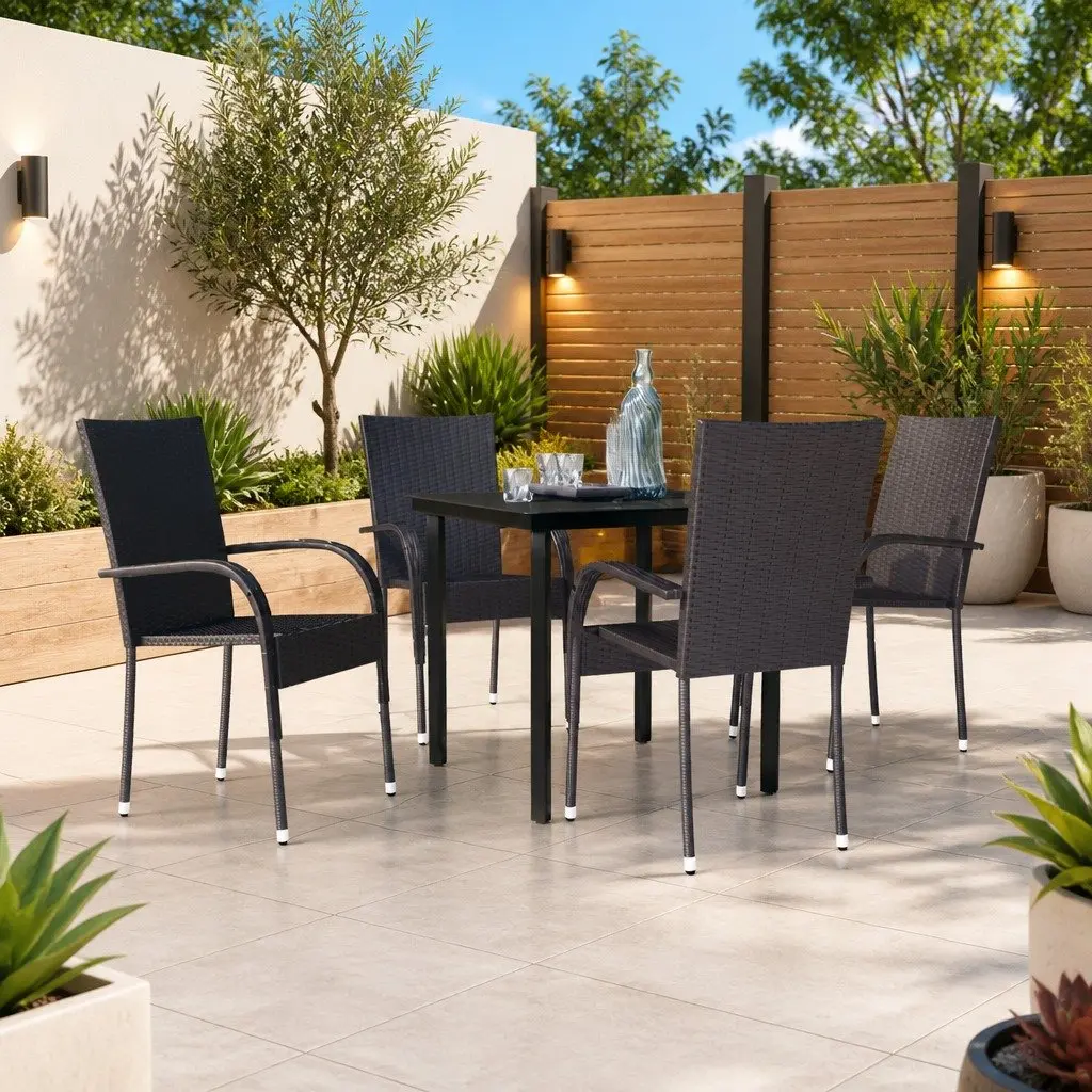 Outdoor Dining Set Steel Frame Glass Top Rattan Chairs Black 5 Piece