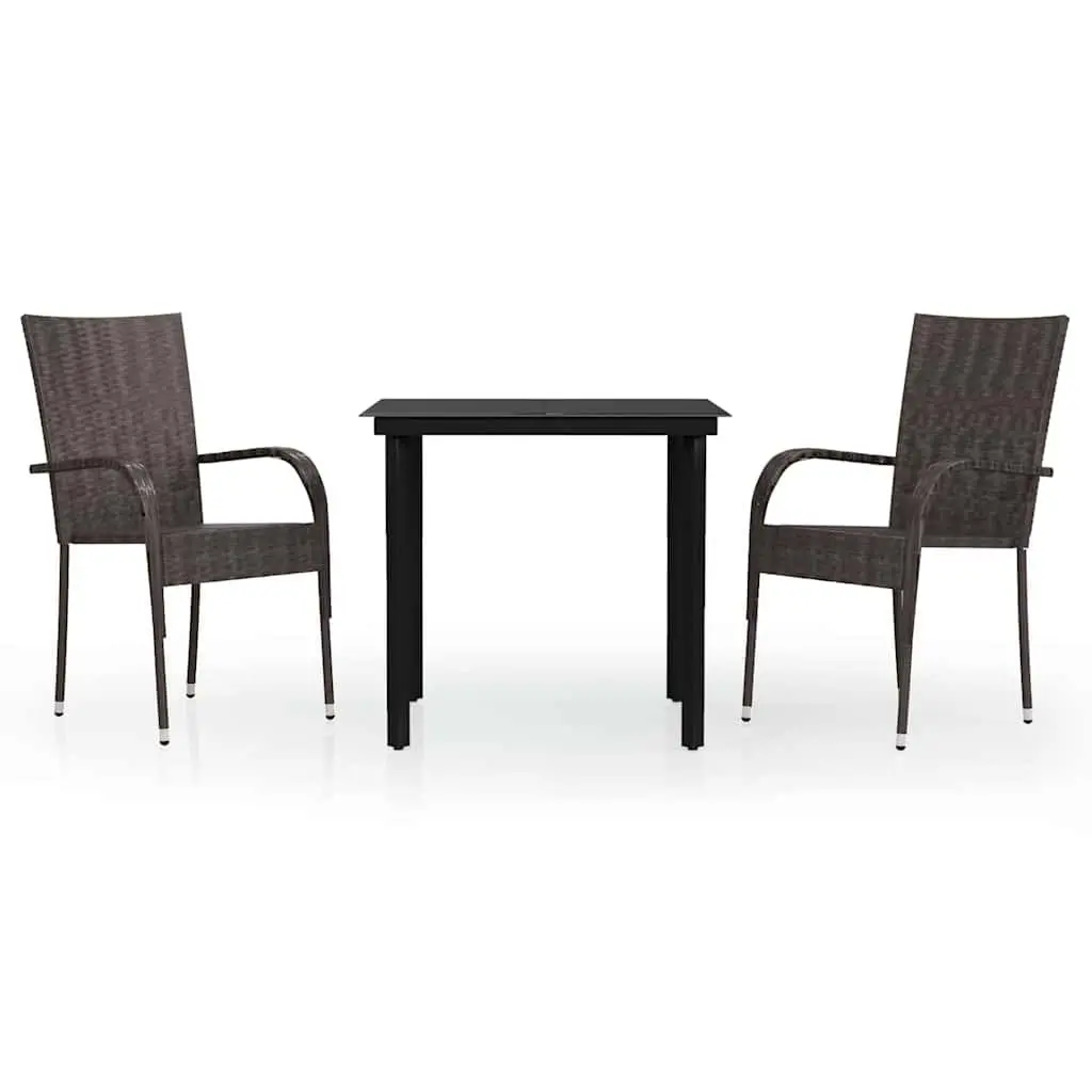 3 Piece Outdoor Dining Set Steel Frame Glass Table Rattan Chairs Brown Black