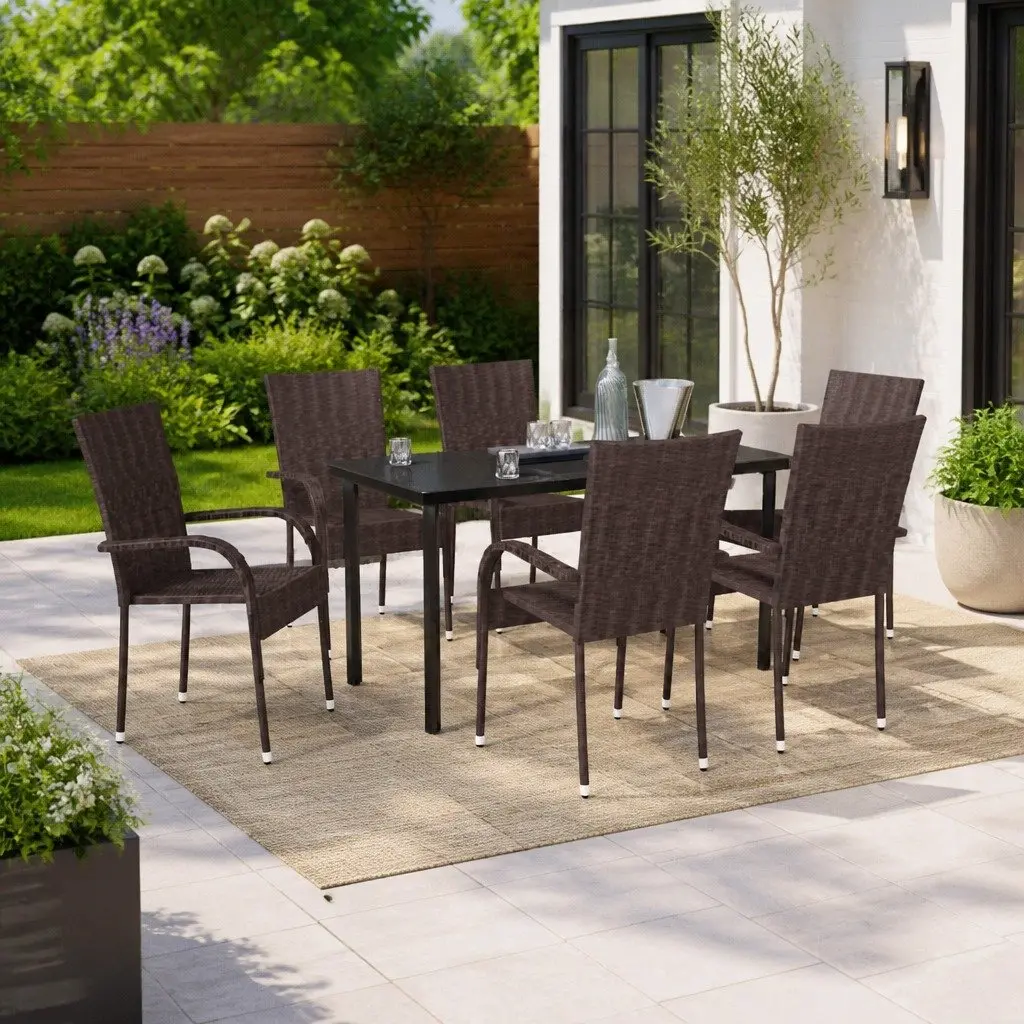 7-Piece Brown Outdoor Dining Set with Glass Table