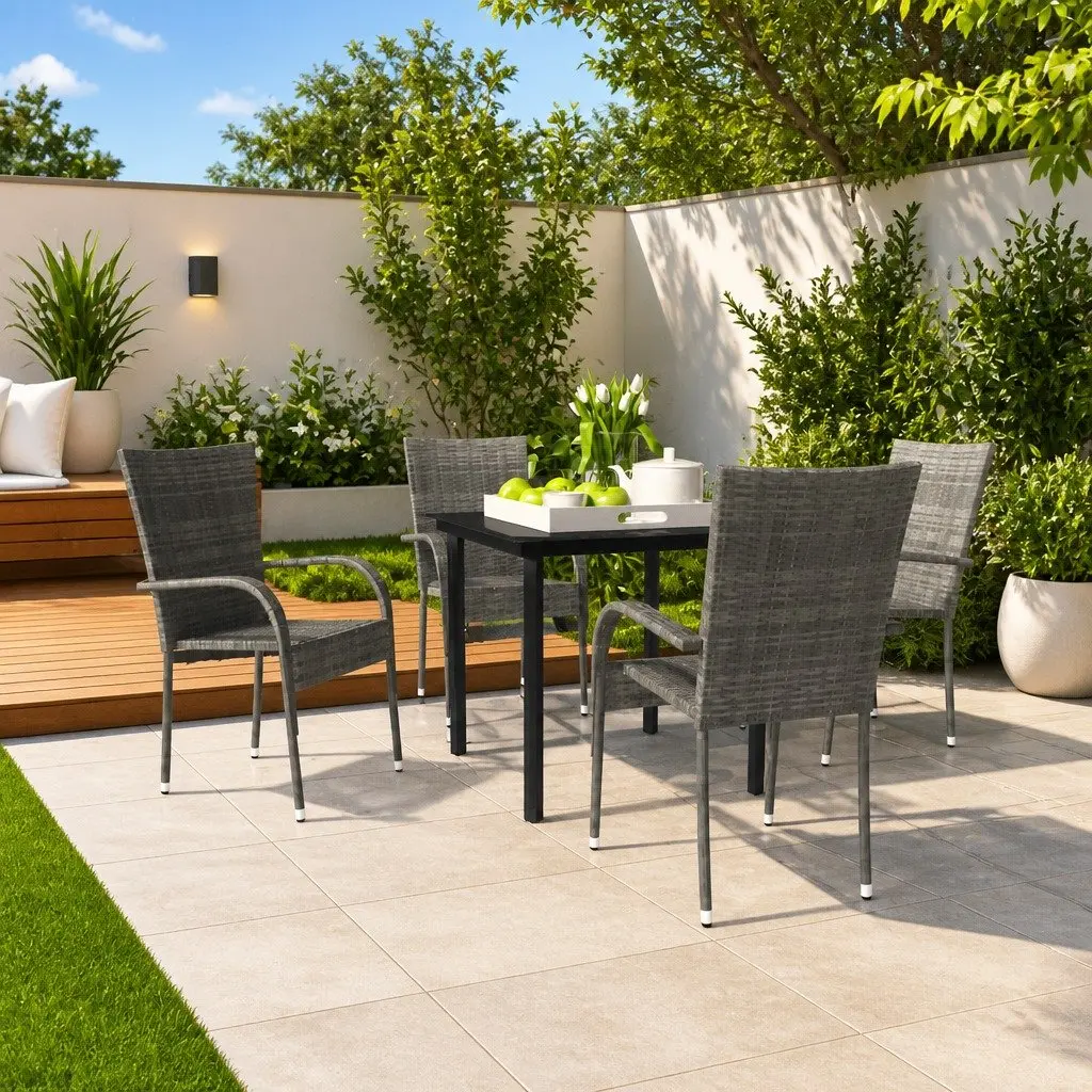 5 Piece Garden Dining Set Powder-coated Steel PE Rattan Glass Table Grey Black