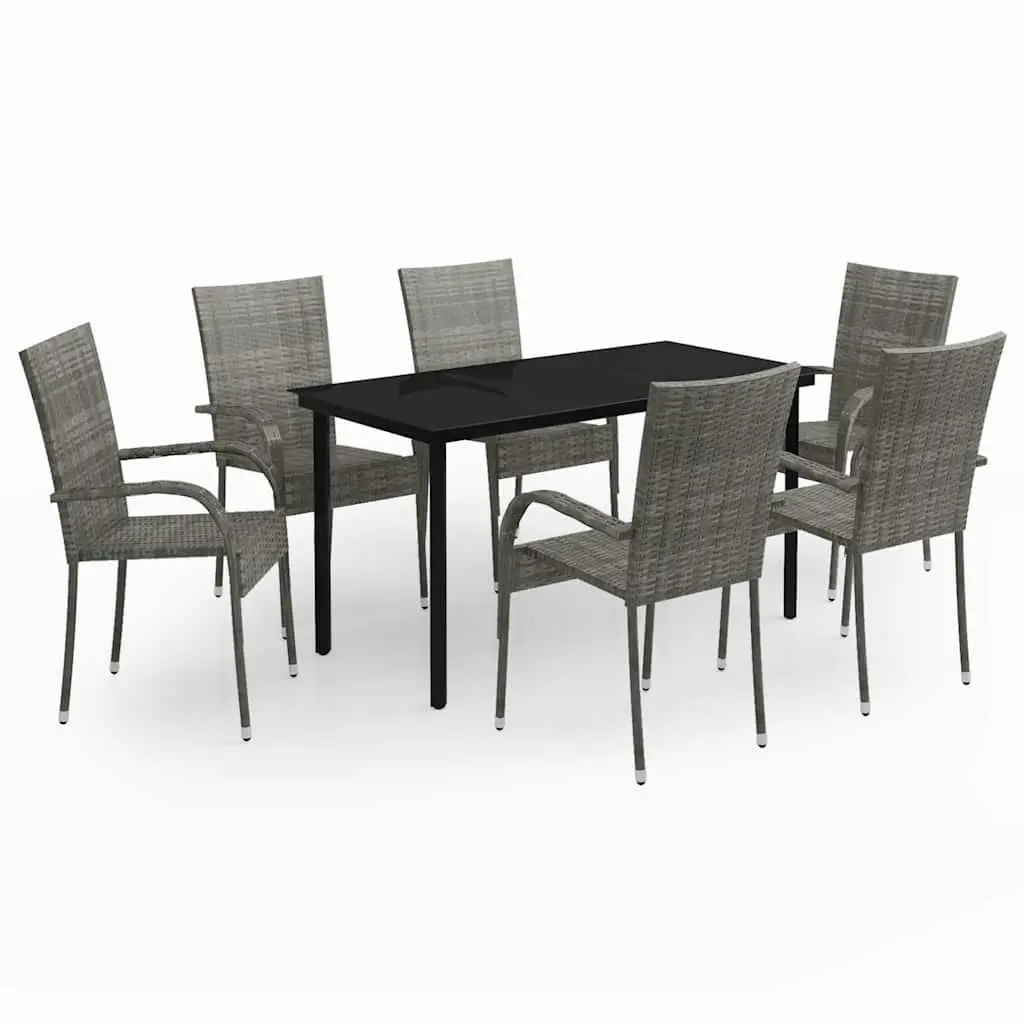 Garden Dining Set 7 Piece Powder-Coated Steel PE Rattan Chairs Glass Top Grey