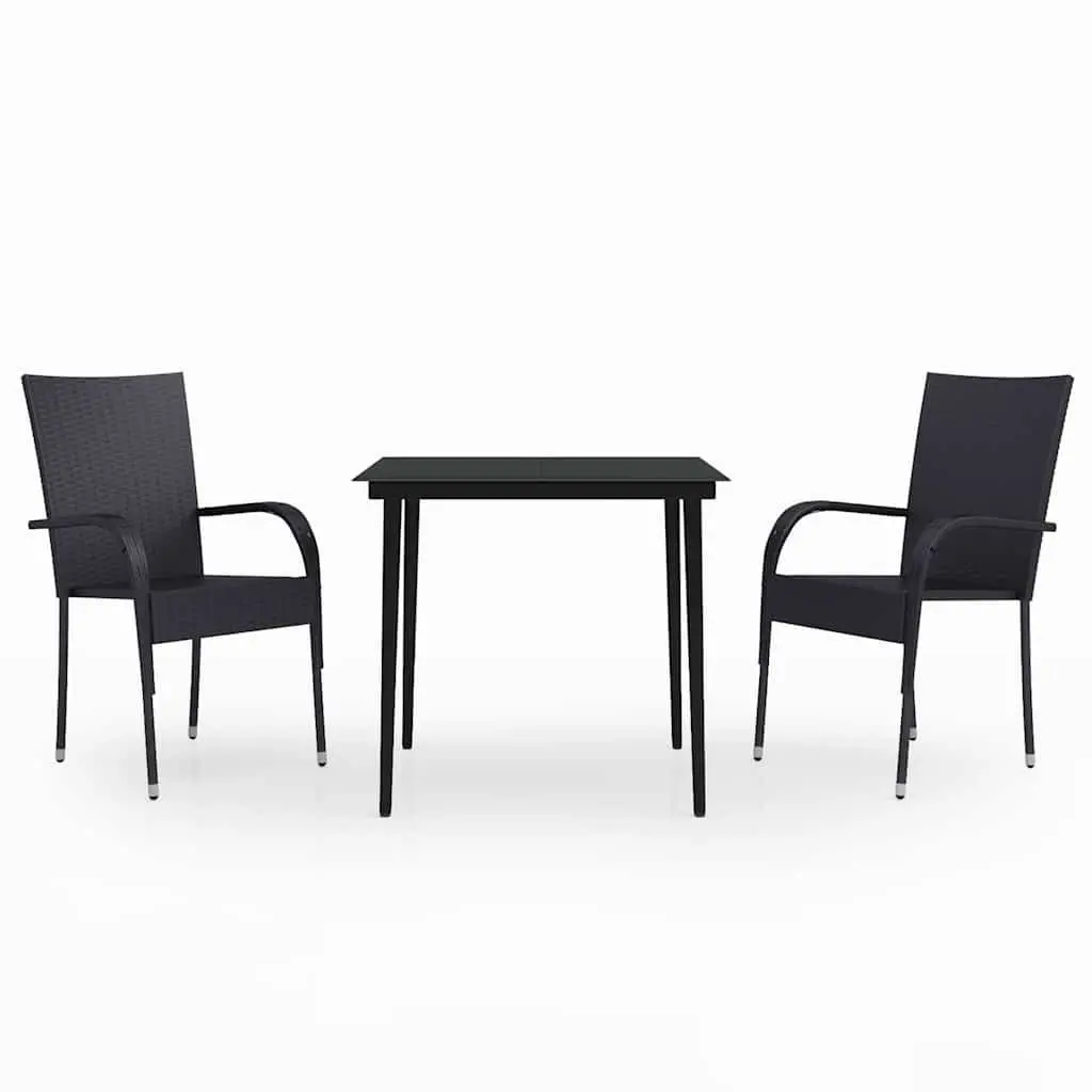 Garden Dining Set 3 Piece Steel Rattan Chairs Glass Black