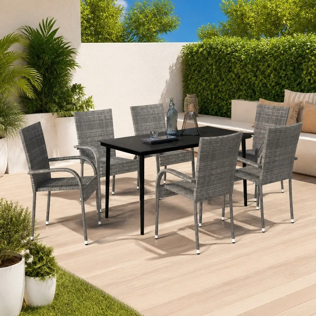 Outdoor Dining Set 7 Piece Steel Rattan Grey Black Glass Table