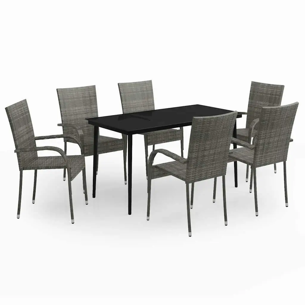 Outdoor Dining Set 7 Piece Steel Rattan Grey Black Glass Table