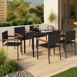 7 Piece Black Patio Dining Set with Rattan Chairs