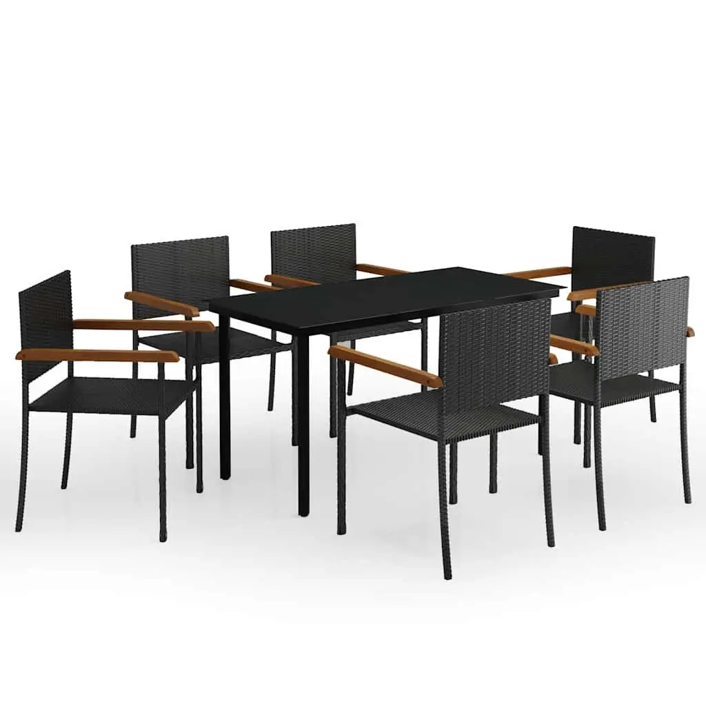 7 Piece Black Patio Dining Set with Rattan Chairs