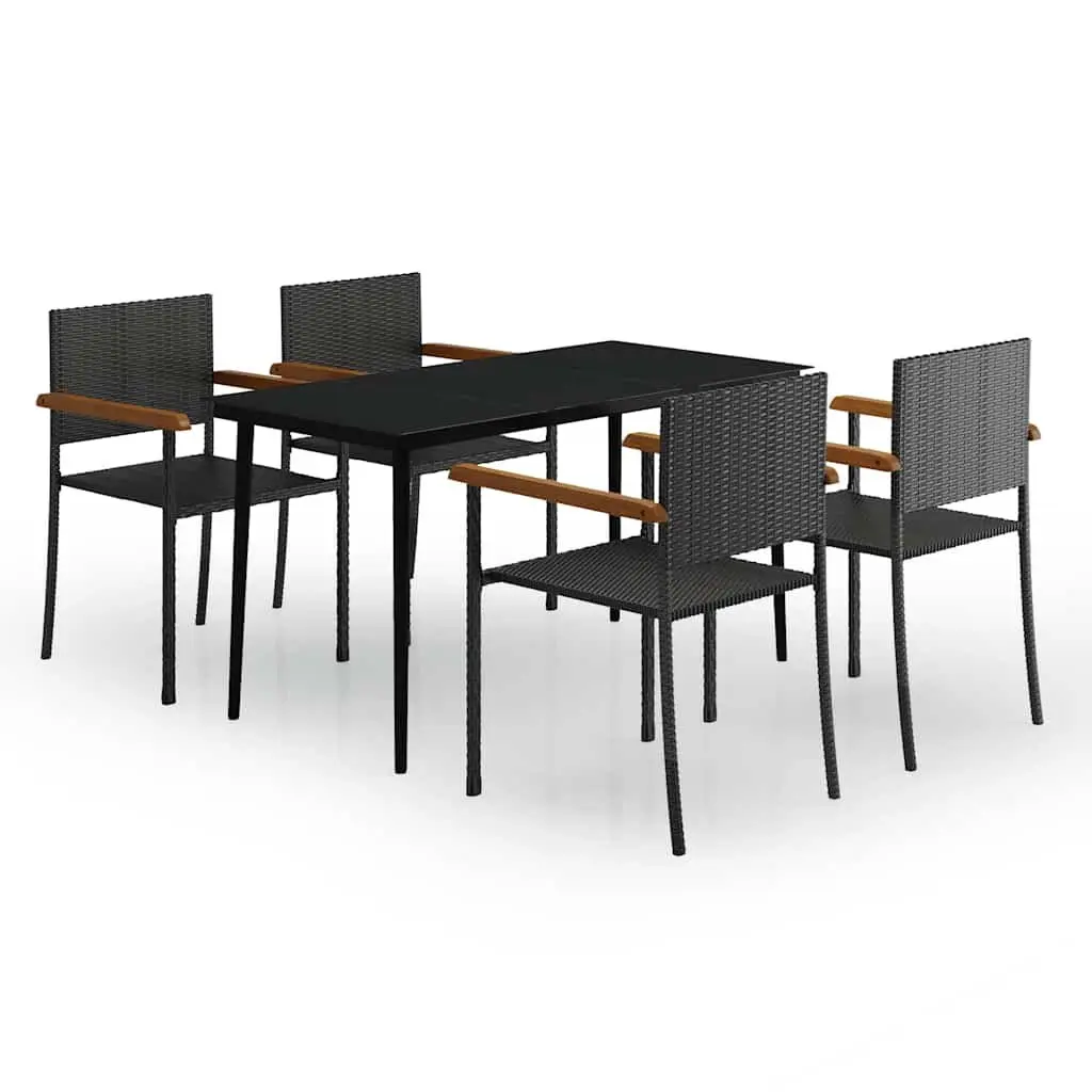 5 Piece Garden Dining Set Powder-coated Steel Glass Table Water-resistant PE Rattan Chairs Black
