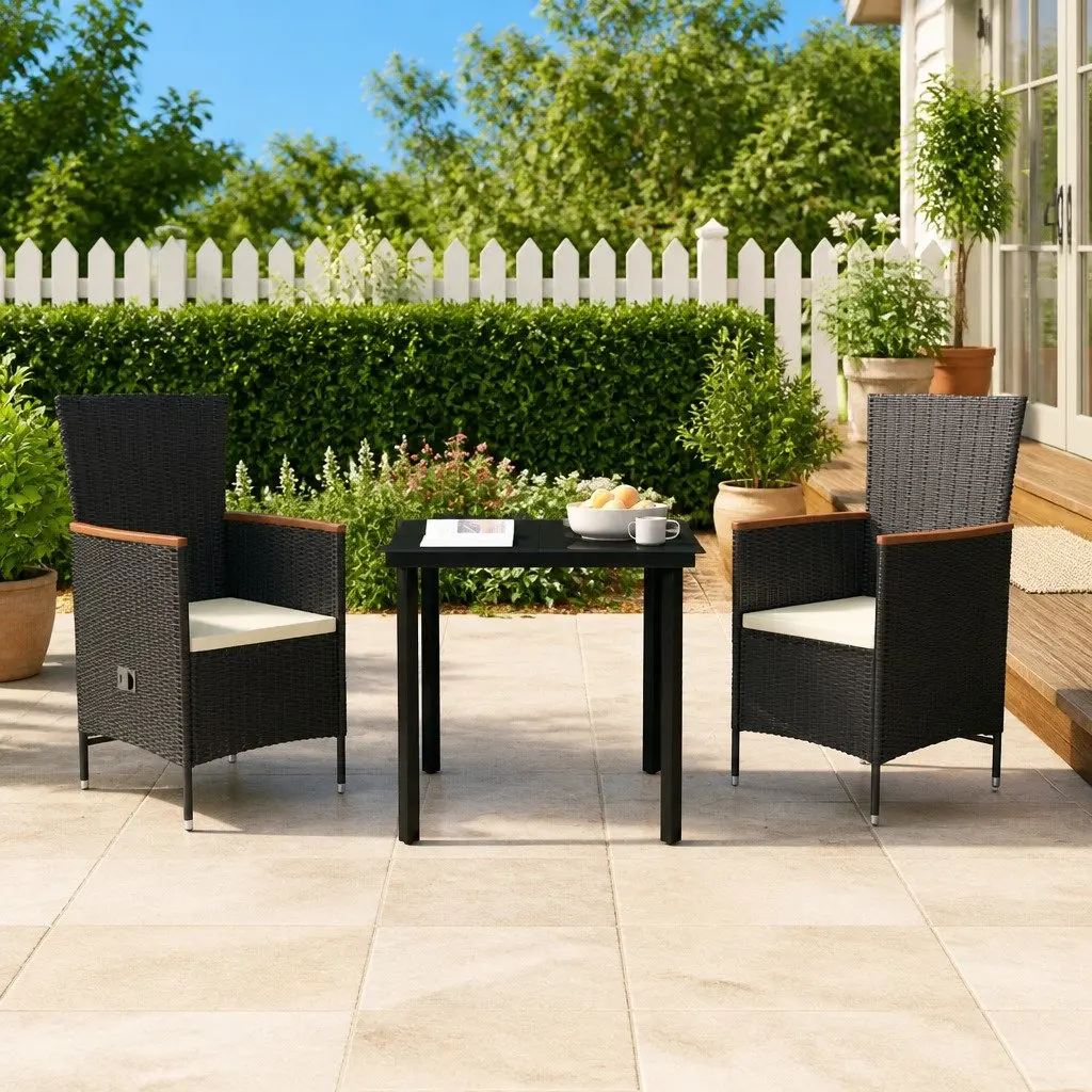 Garden Dining Set Rattan 3 Piece Outdoor Furniture Table Chairs Cushions Black