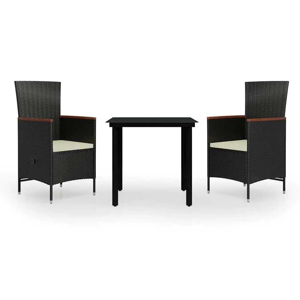 Garden Dining Set Rattan 3 Piece Outdoor Furniture Table Chairs Cushions Black