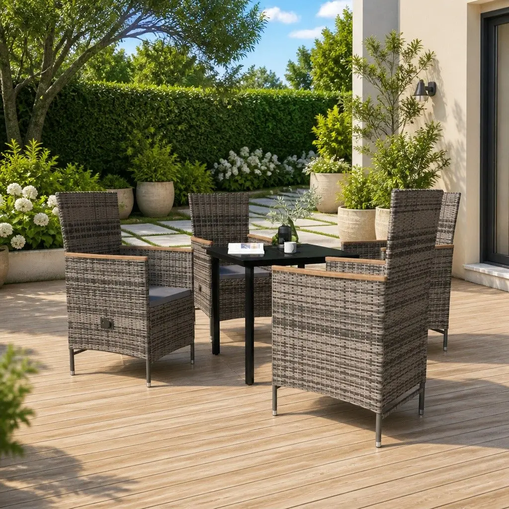 Garden Dining Set Powder-coated Steel PE Rattan 5 Piece Grey Cushions