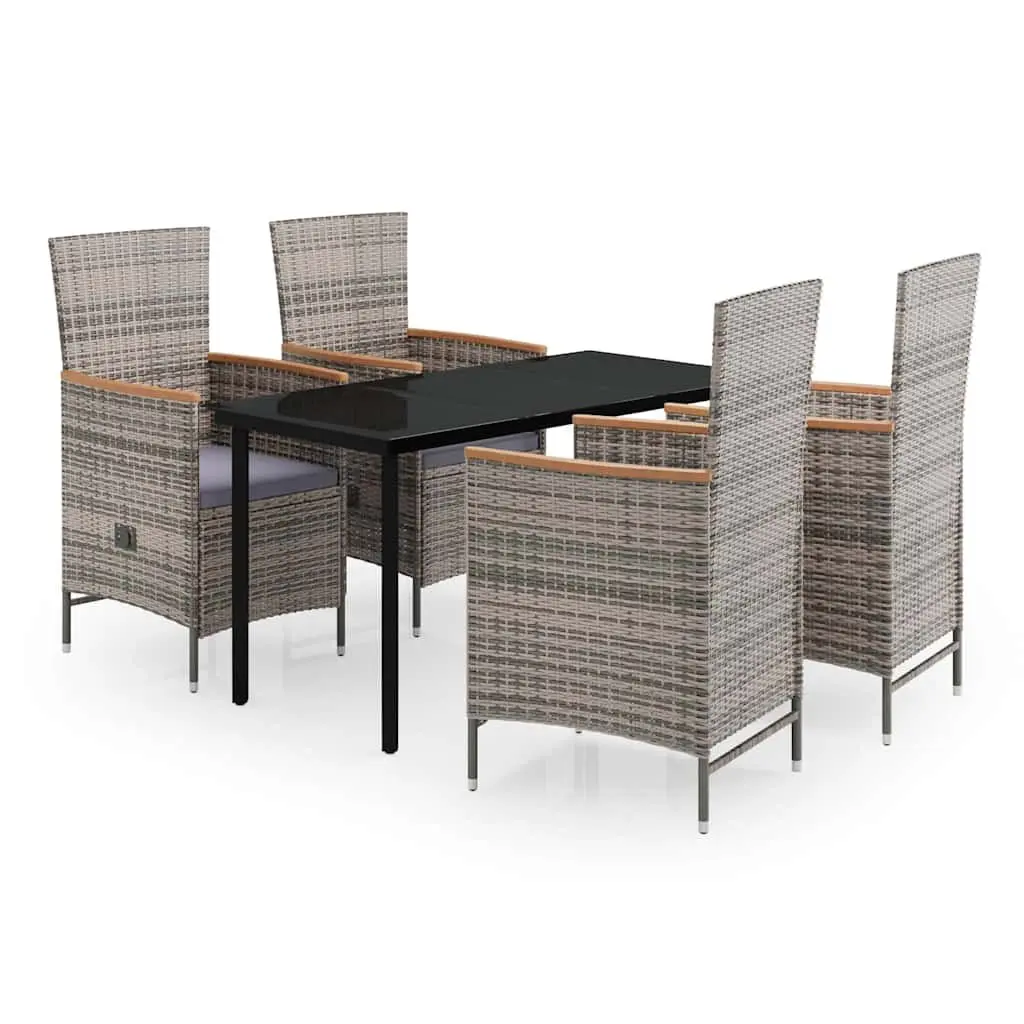 Garden Dining Set Powder-coated Steel PE Rattan Polyester Cushions Glass Top Grey 5 Piece