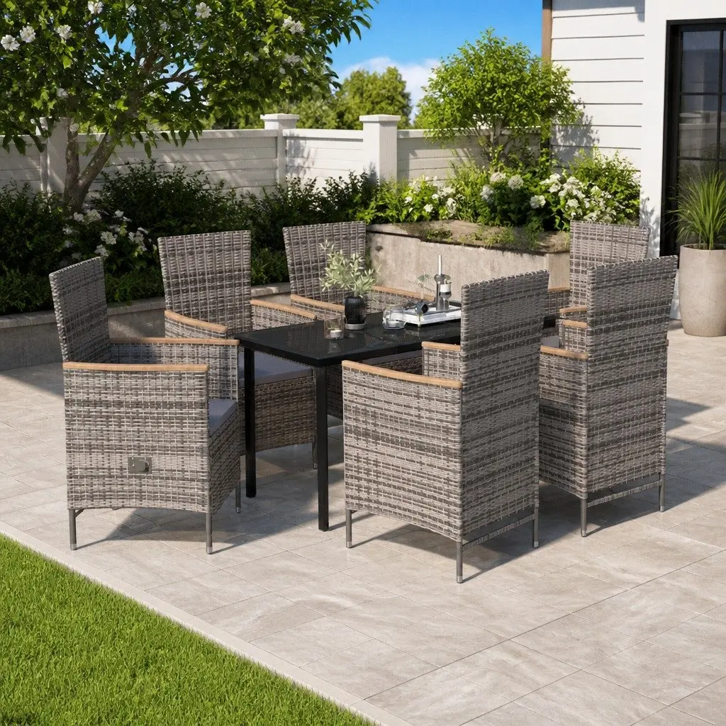 7 Piece Garden Dining Set Powder-coated Steel PE Rattan Cushions Glass Top Grey