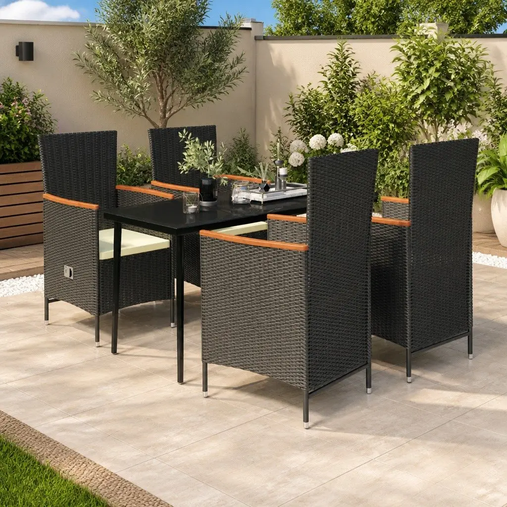5 Piece Garden Dining Set Steel Rattan Chairs Glass Black