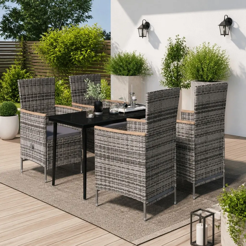 Garden Dining Set with Grey Rattan Chairs and Glass Table