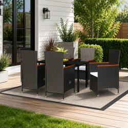 7-Piece Black Rattan Garden Dining Set with Glass Top