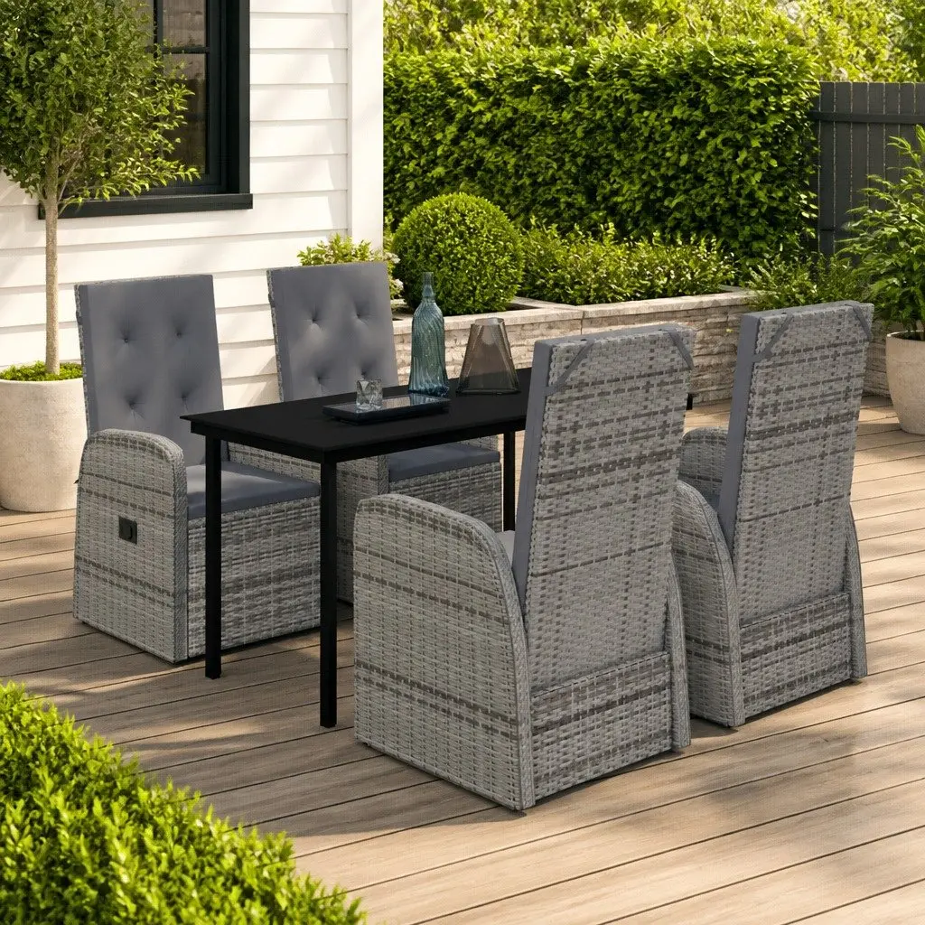 5 Piece Garden Dining Set Powder-coated Steel Water-resistant PE Rattan Grey Chairs Glass Table
