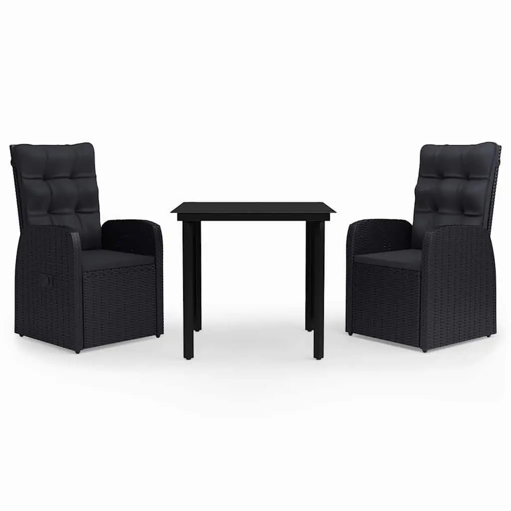 3 Piece Outdoor Garden Dining Set Steel PE Rattan Black Table with Cushions