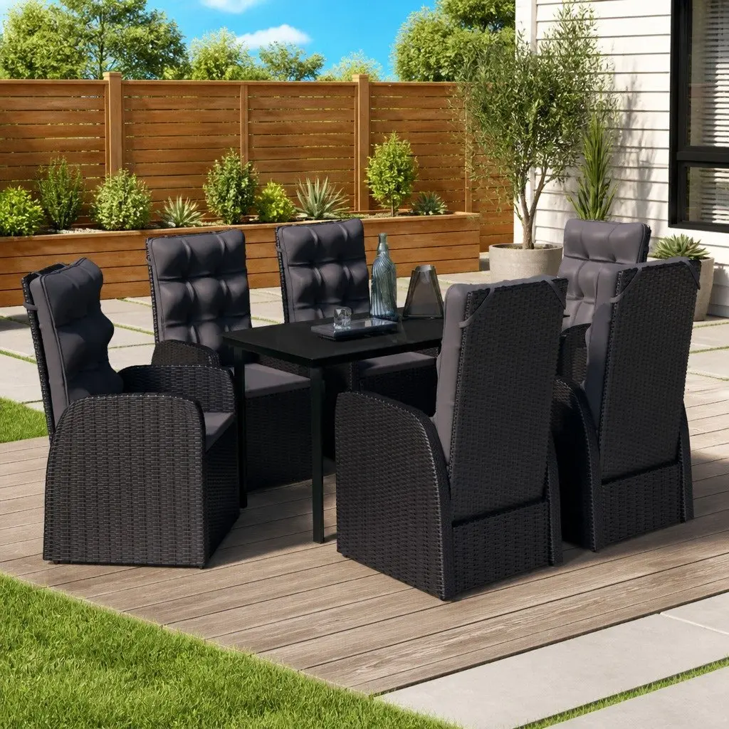 7 Piece Outdoor Dining Set Powder-coated Steel Water-resistant PE Rattan Black with Glass Table