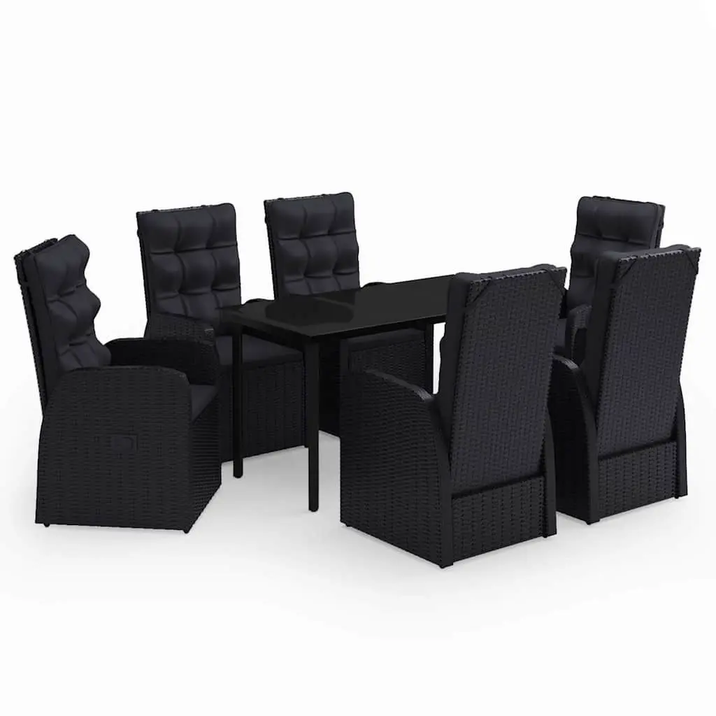 7 Piece Outdoor Dining Set Powder-coated Steel Water-resistant PE Rattan Black with Glass Table