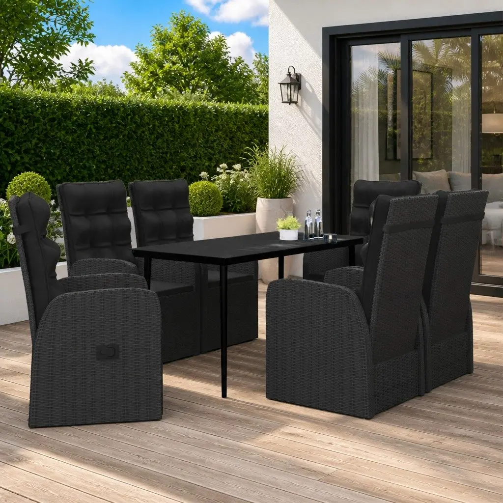7 Piece Black Rattan Garden Dining Set with Glass Table