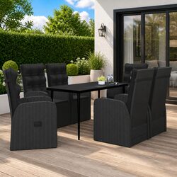7 Piece Black Rattan Garden Dining Set with Glass Table