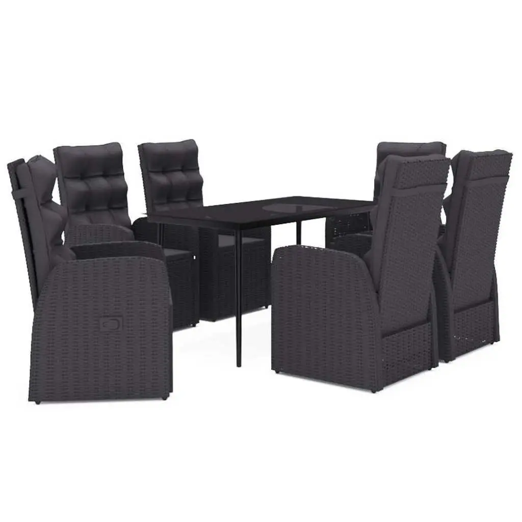7 Piece Black Rattan Garden Dining Set with Glass Table