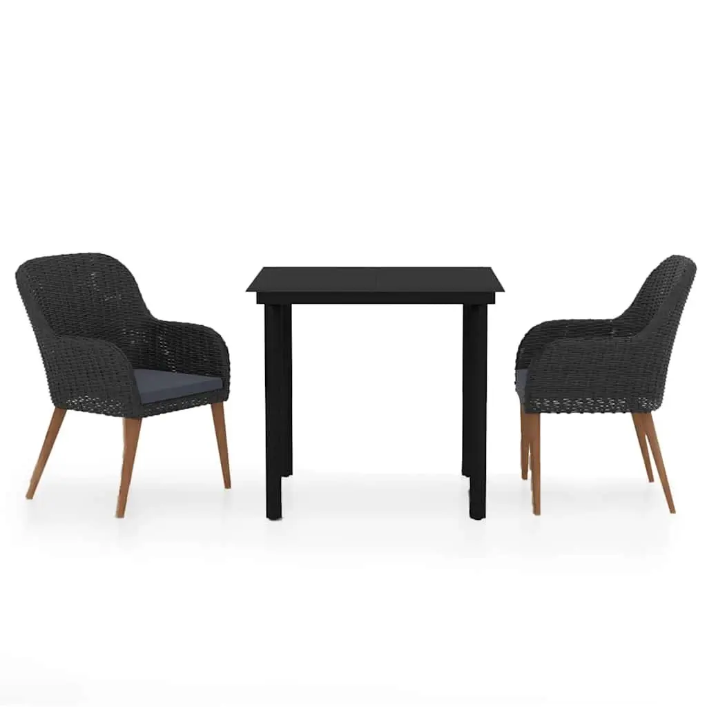 Garden Dining Set Powder-coated Steel PE Rattan 3 Piece Outdoor Furniture Table Chairs with Cushions Black