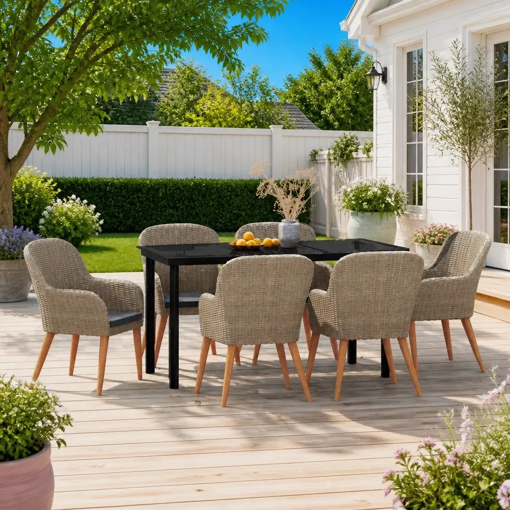 7-Piece Brown Rattan Garden Dining Set with Glass Top