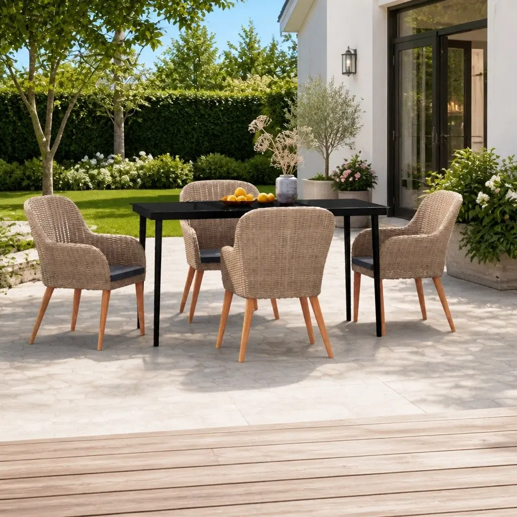 5 Piece Outdoor Dining Set Powder-coated Steel Water-resistant PE Rattan Brown with Cushions