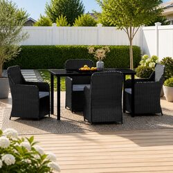 5 Piece Black Steel Frame Rattan Garden Dining Set