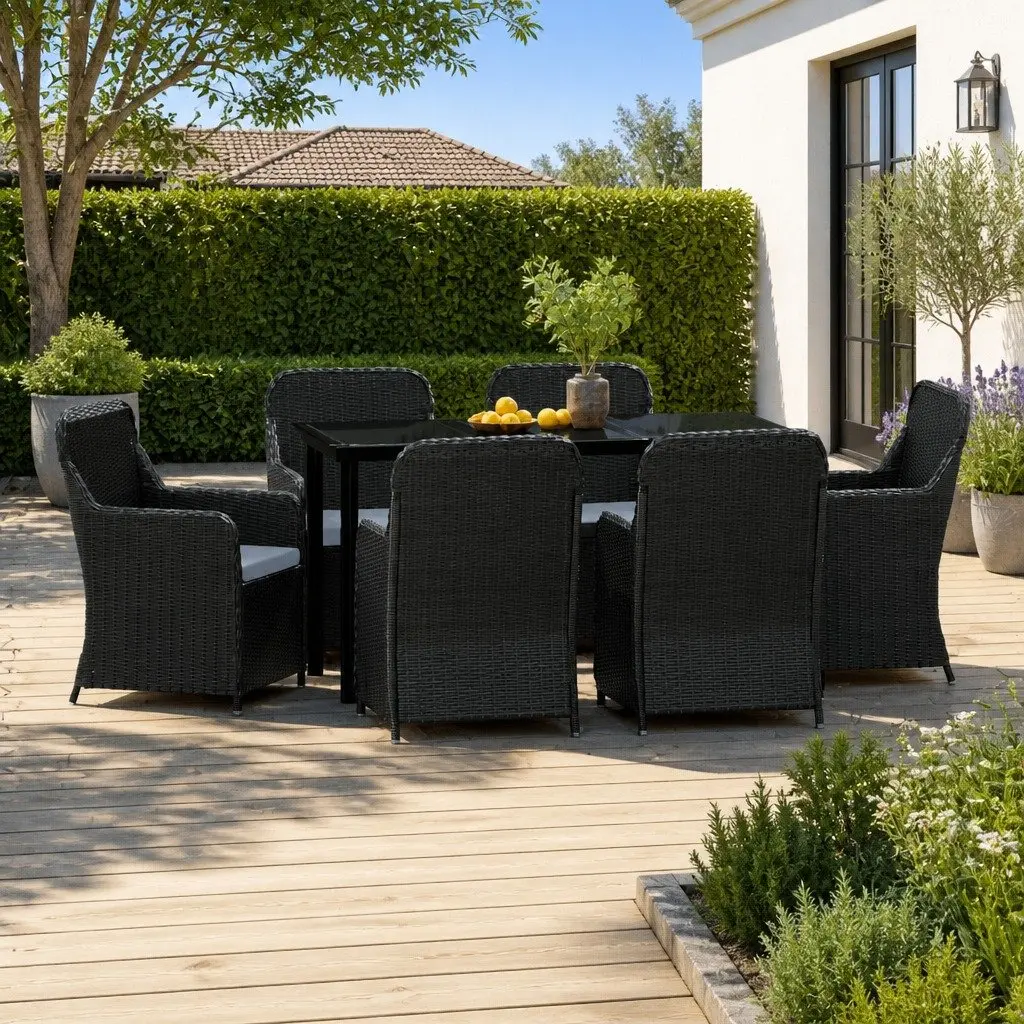 7 Piece Garden Dining Set Powder-coated Steel Water-resistant PE Rattan Black