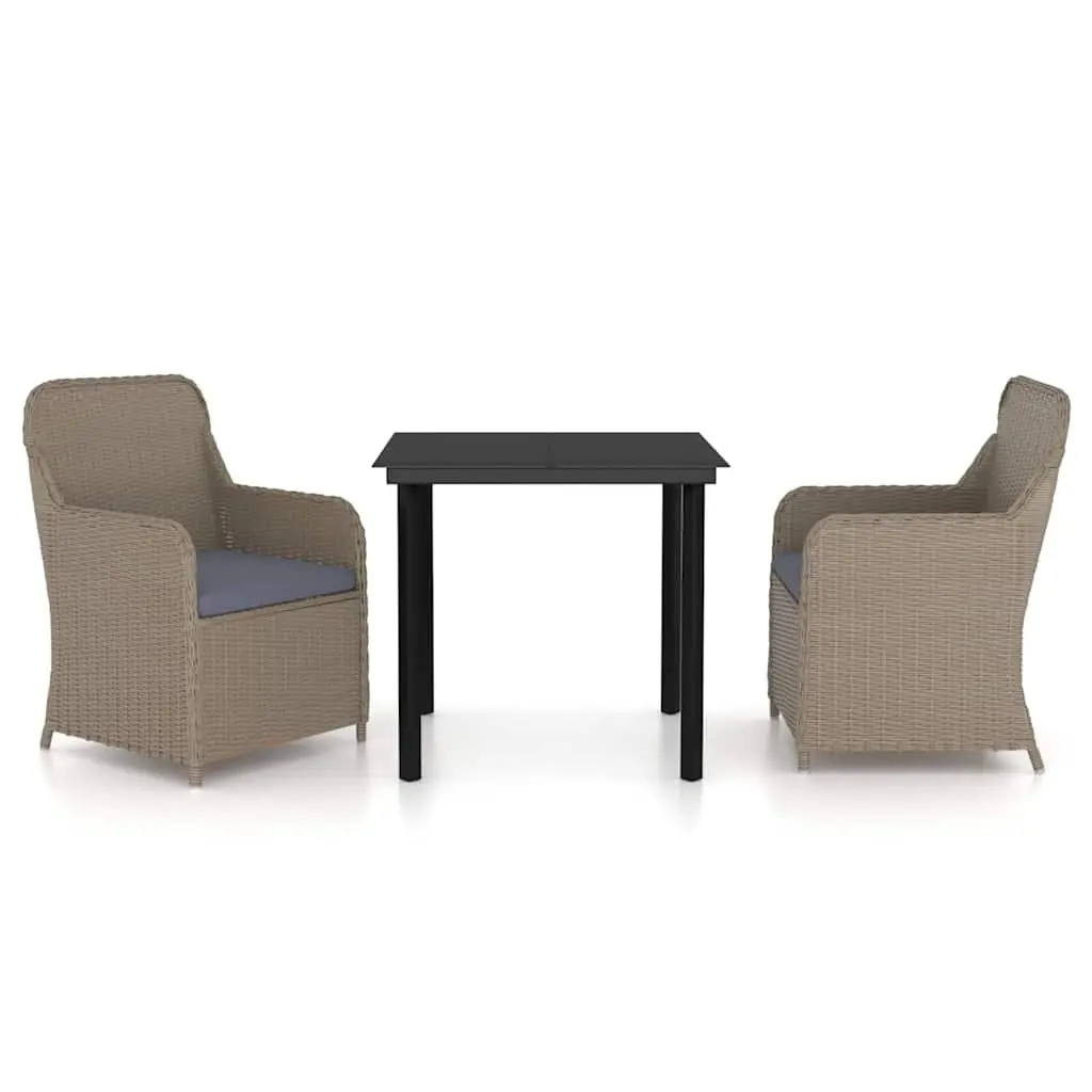 Garden Dining Set Powder-coated Steel 3 Piece Outdoor Furniture Brown PE Rattan Chairs Cushions