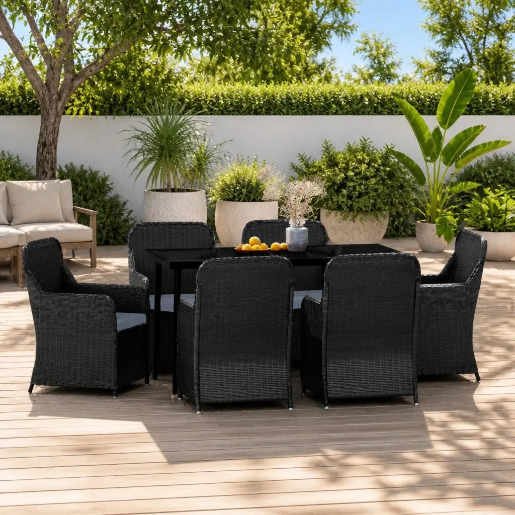 Garden Dining Set Powder-coated Steel 7 Piece Outdoor Furniture Black PE Rattan Chairs with Cushions