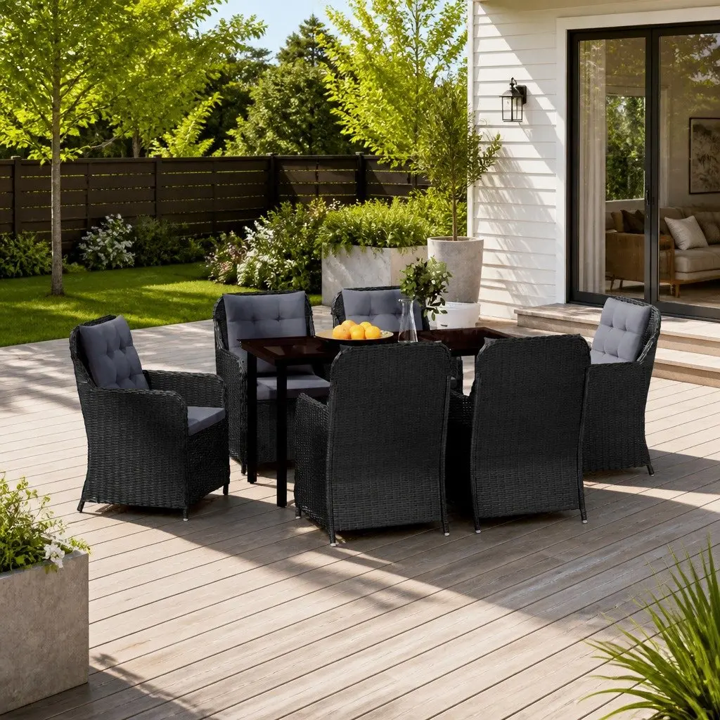 7 Piece Garden Dining Set Steel Frame PE Rattan Chairs Glass Top Black