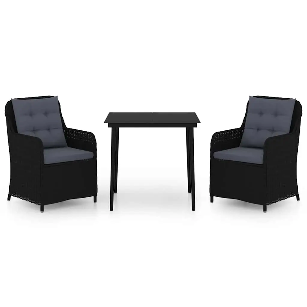 3 Piece Garden Dining Set Steel PE Rattan Cushions Black