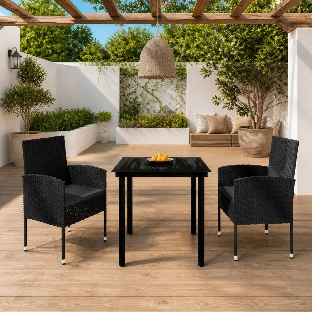 Garden Dining Set Steel 3 Piece Outdoor Furniture Table Chairs Black