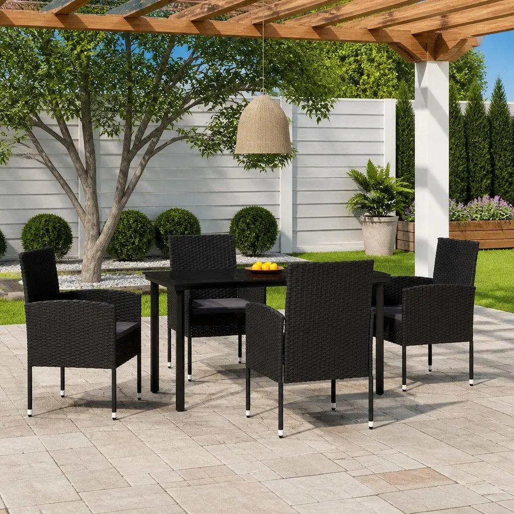 5 Piece Garden Dining Set Steel Frame PE Rattan Chairs Glass Table Black