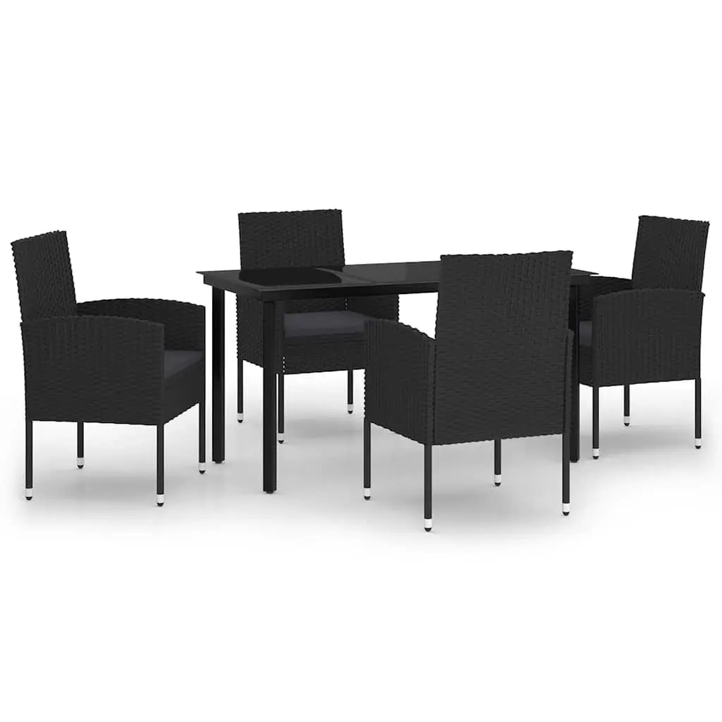 5 Piece Garden Dining Set Steel Frame PE Rattan Chairs Glass Table Black