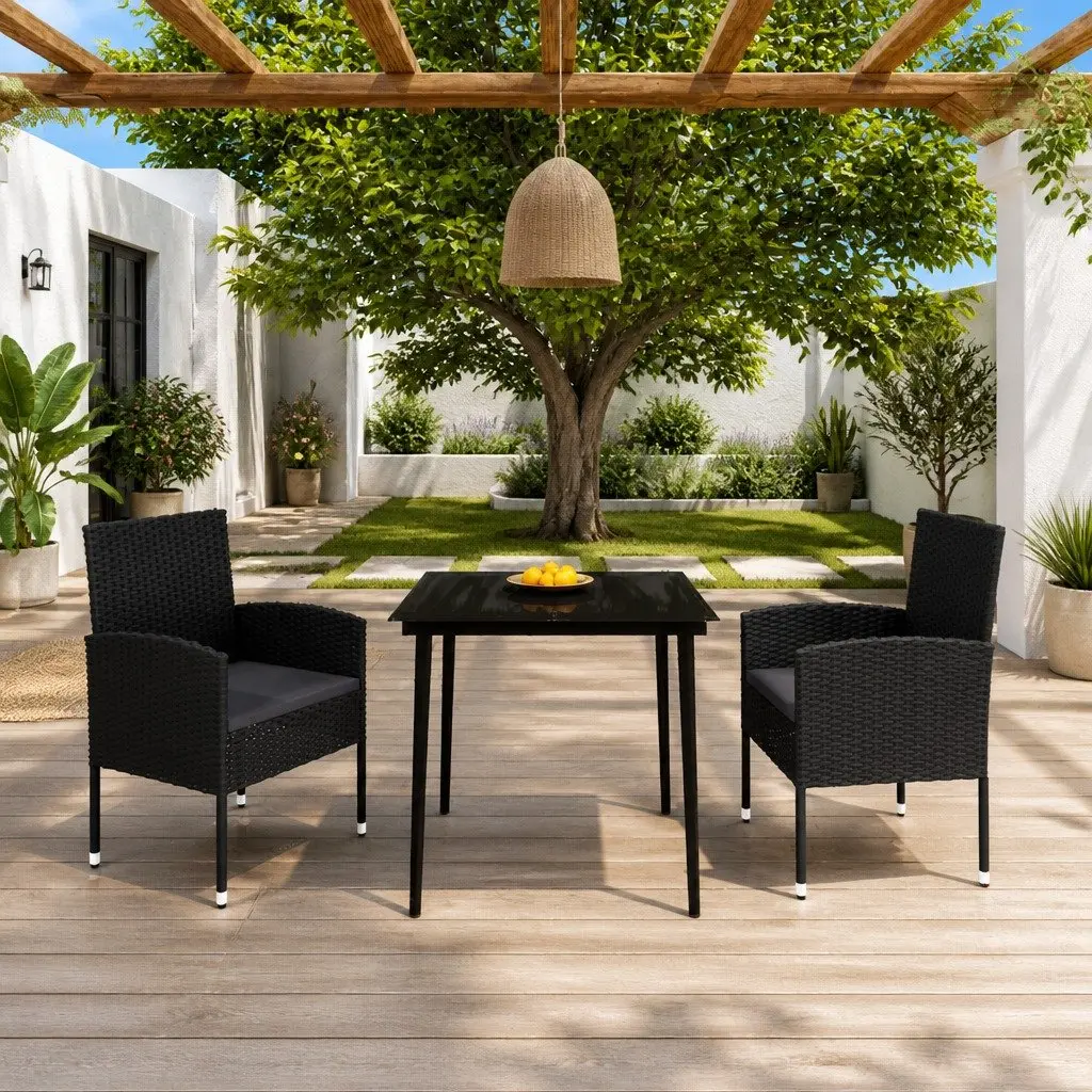 Outdoor Garden Dining Set Steel Frame PE Rattan Chairs Glass Table Black 3 Piece