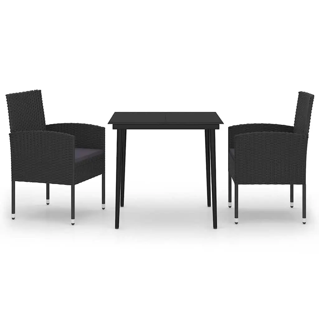 Outdoor Garden Dining Set Steel Frame PE Rattan Chairs Glass Table Black 3 Piece