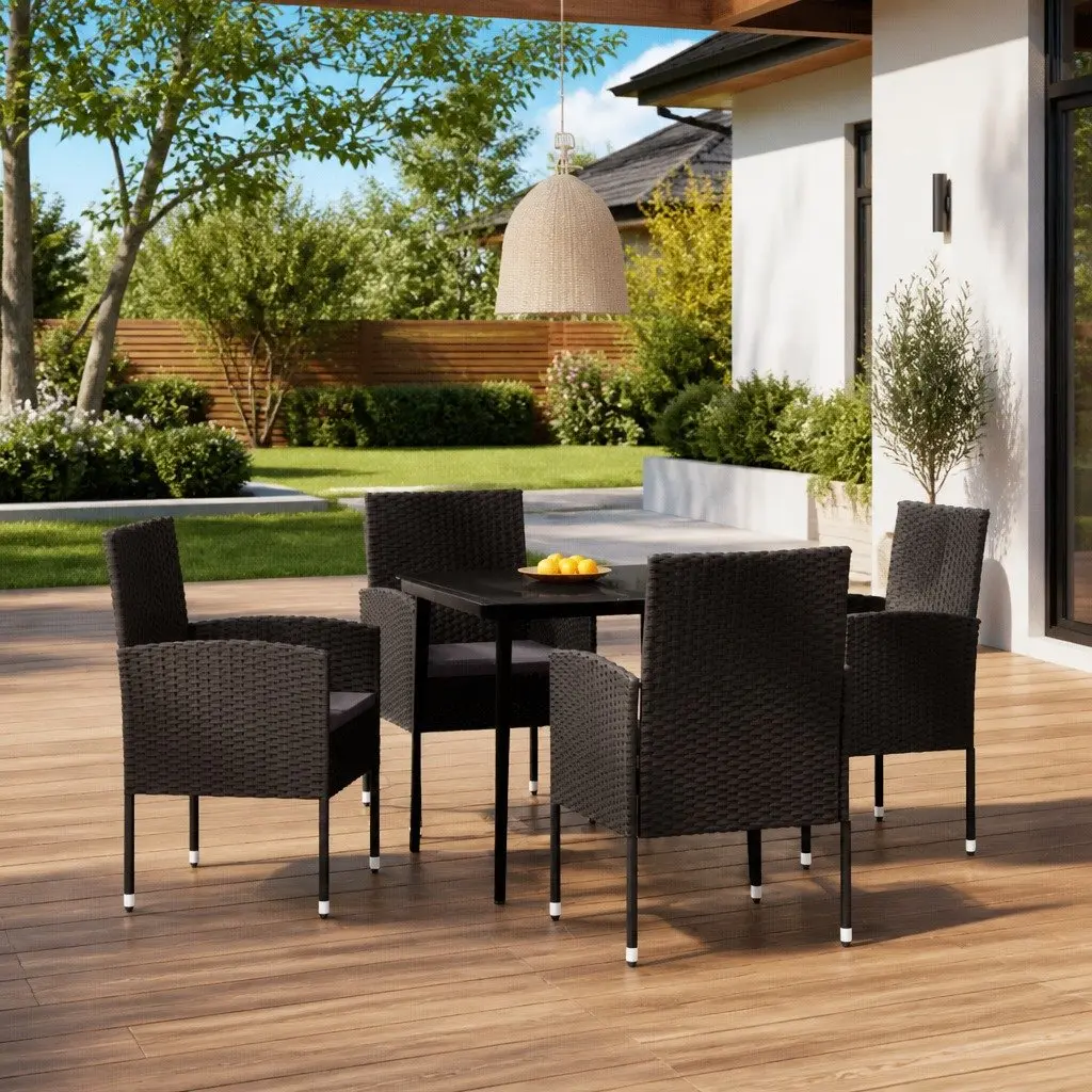 5 Piece Outdoor Dining Set Steel Frame PE Rattan Chairs Glass Top Black
