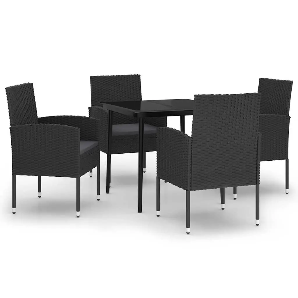5 Piece Outdoor Dining Set Steel Frame PE Rattan Chairs Glass Top Black