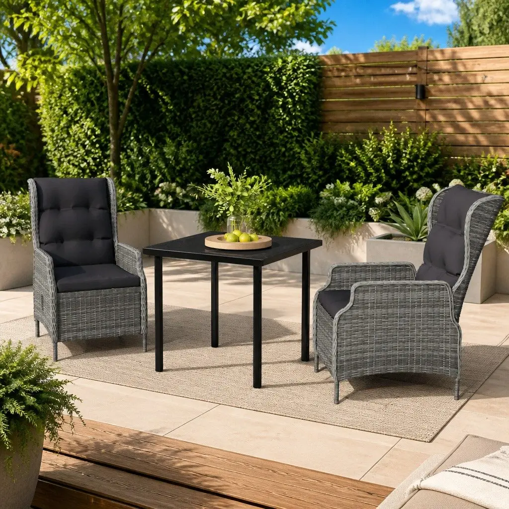 Garden Dining Set Steel PE Rattan Grey 3 Piece Reclining Chairs Glass Table