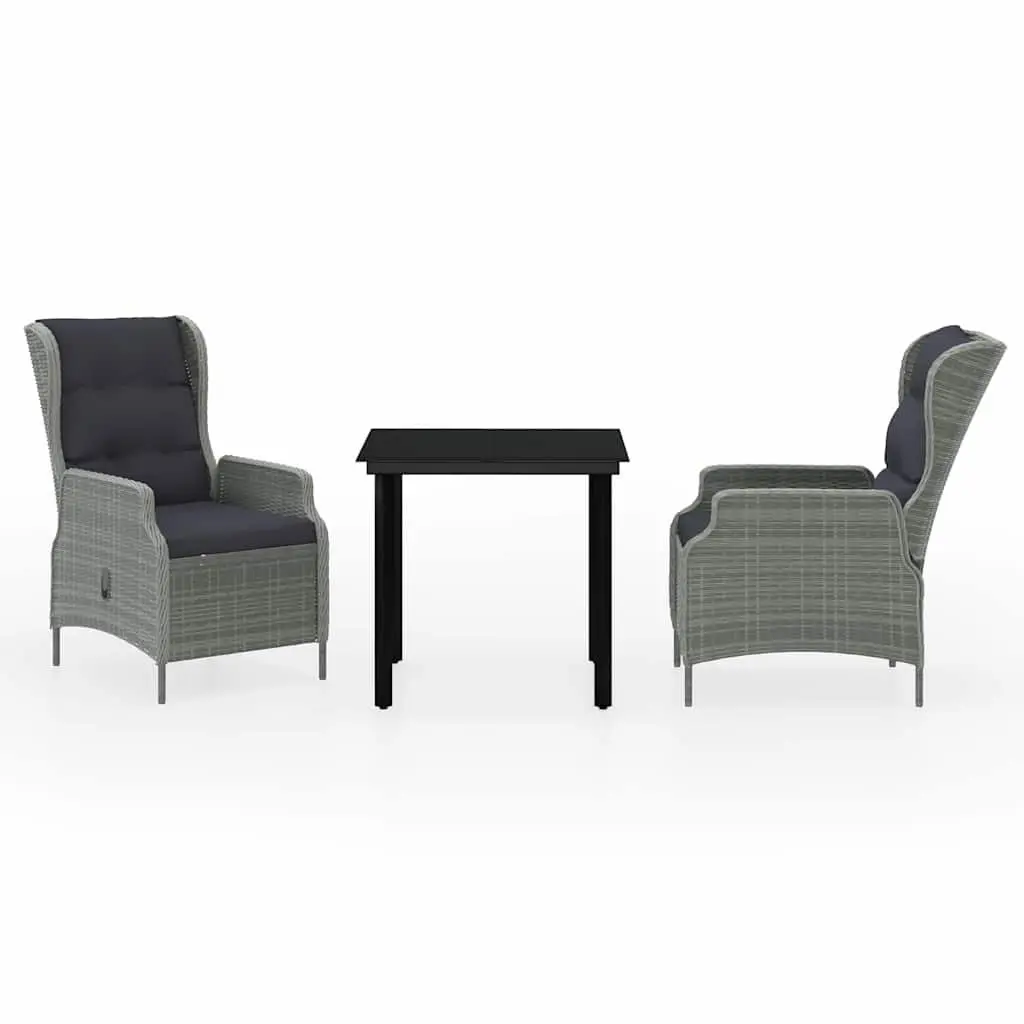 Garden Dining Set Steel PE Rattan Grey 3 Piece Reclining Chairs Glass Table