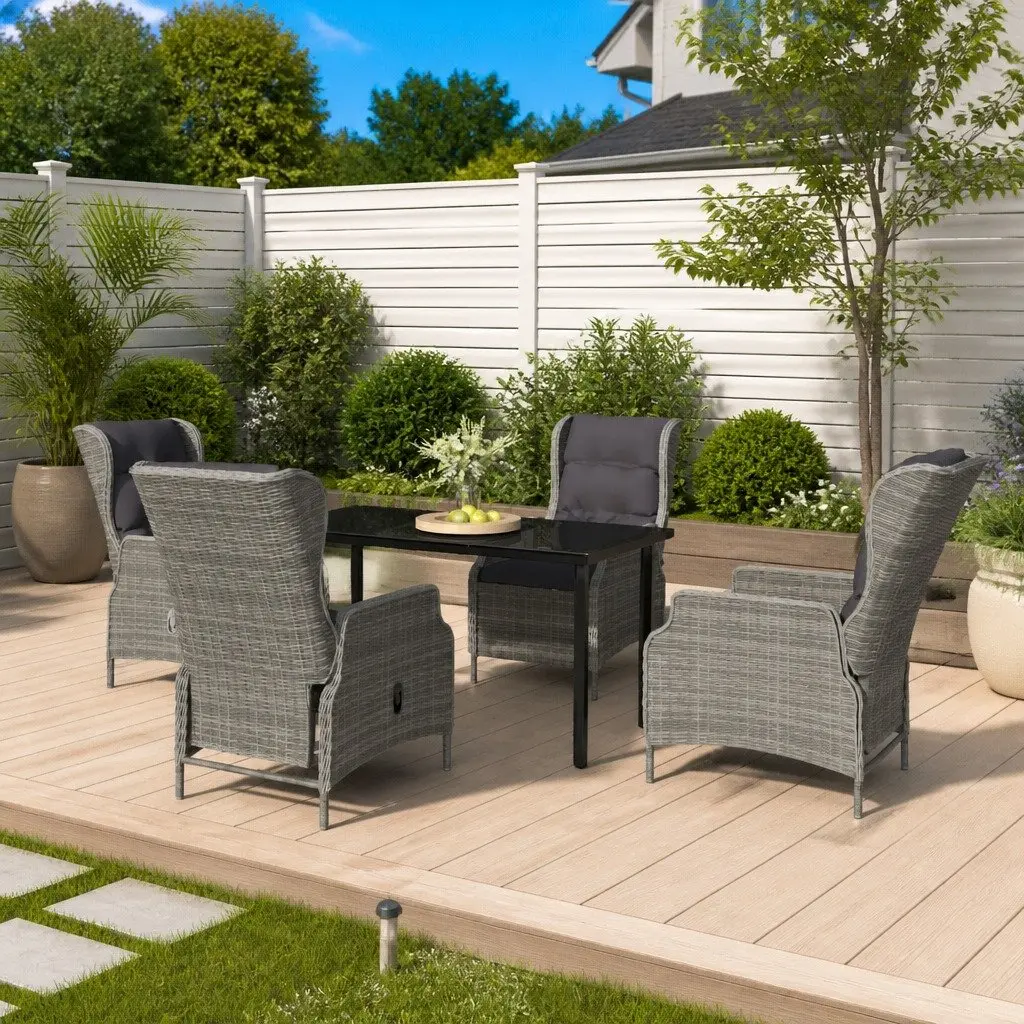 5 Piece Garden Dining Set Steel PE Rattan Chairs Glass Table Grey